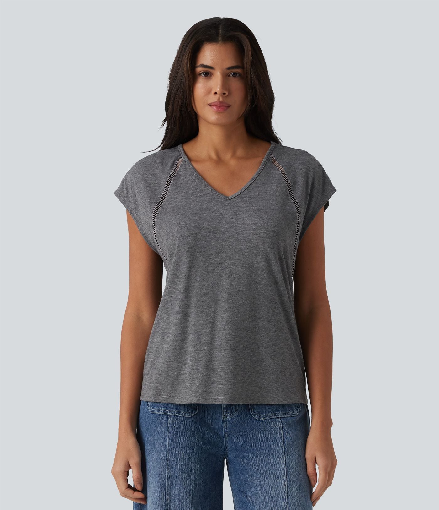 T-shirt casual chiné col V à manches courtes chauve-souris