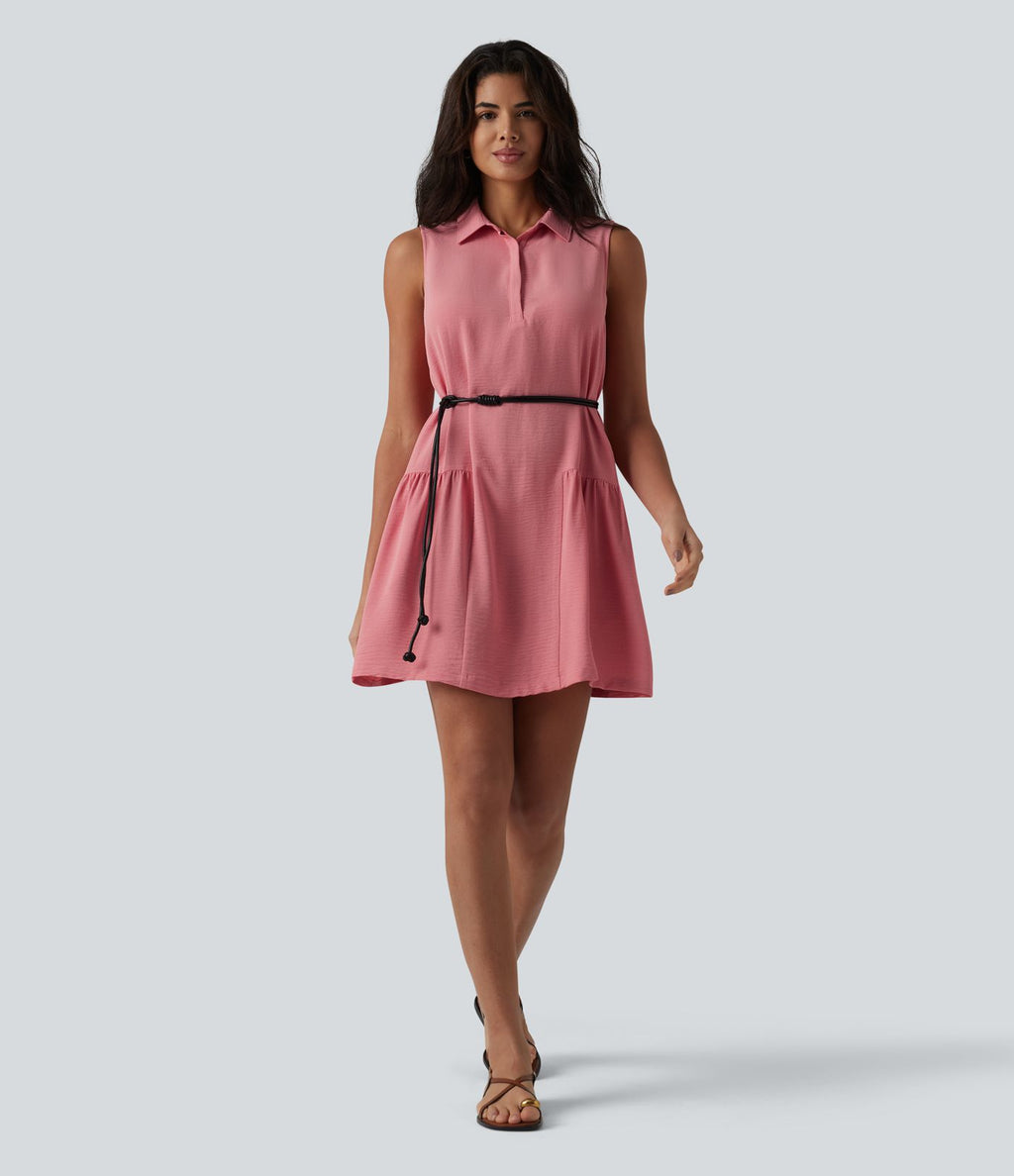 Robe-chemise courte casual sans manches aspect lin, avec poches