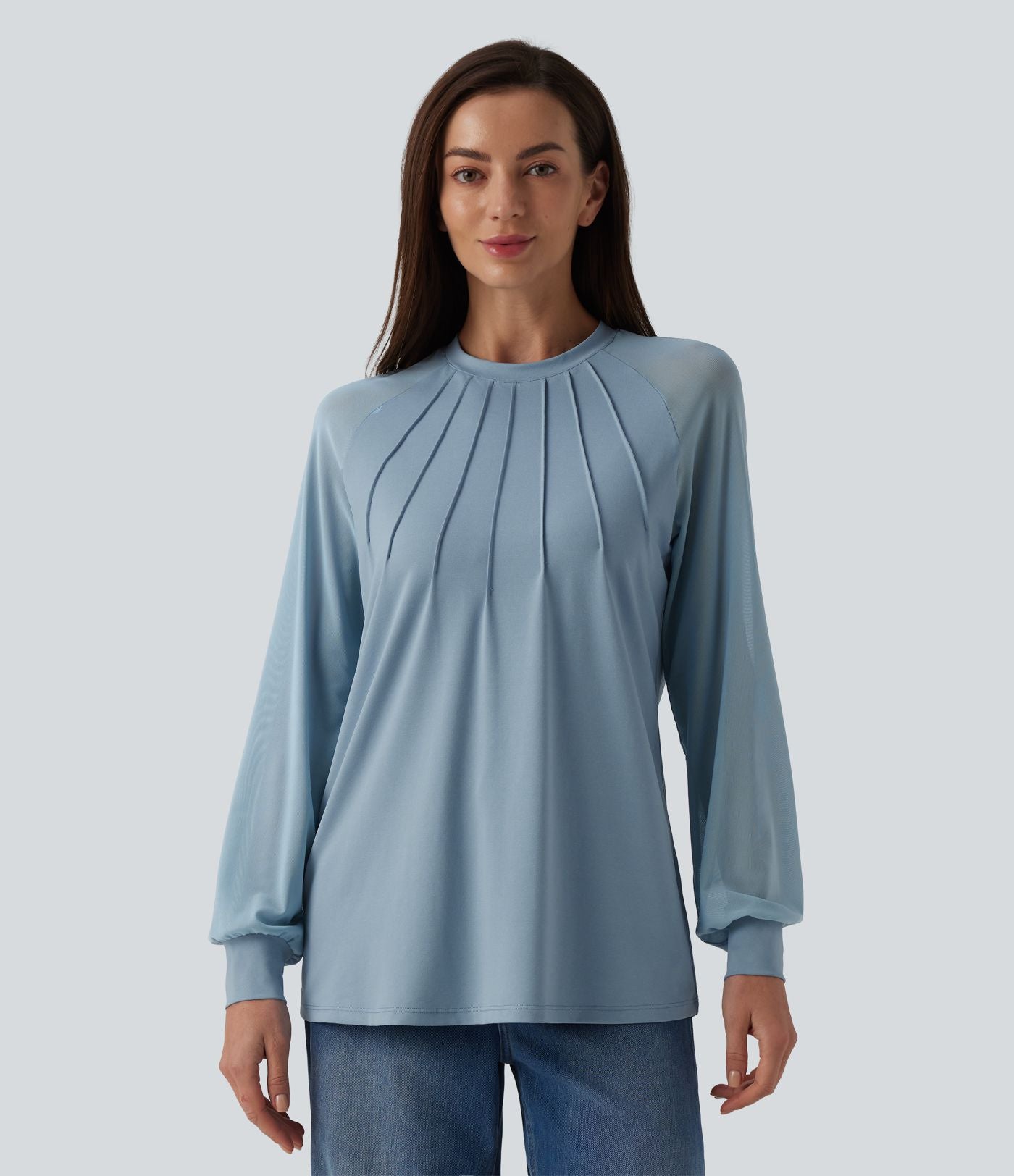 Blouse mesh contrastant col rond manches raglan longues