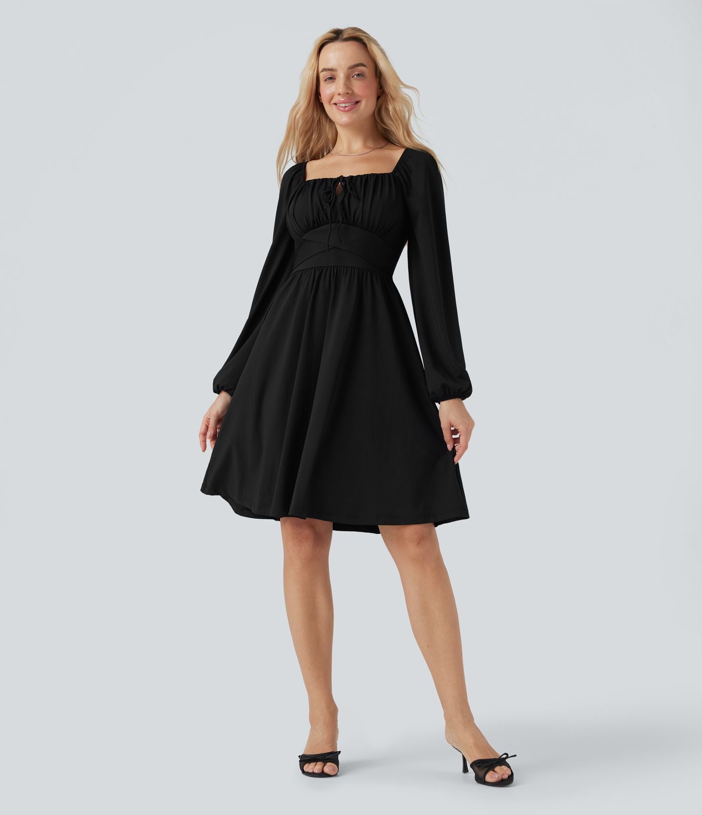 Robe décontractée mini décolleté carré manches longues laçage corset avec lien dos