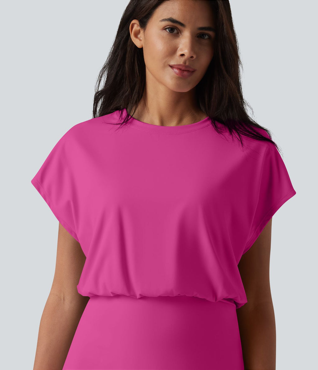 Robe de sport mini de yoga SoftlyZero™ Airy 2-en-1 effet frais InstantCool col rond à manches courtes, demi-zip et poches, accès facile Easy Peasy