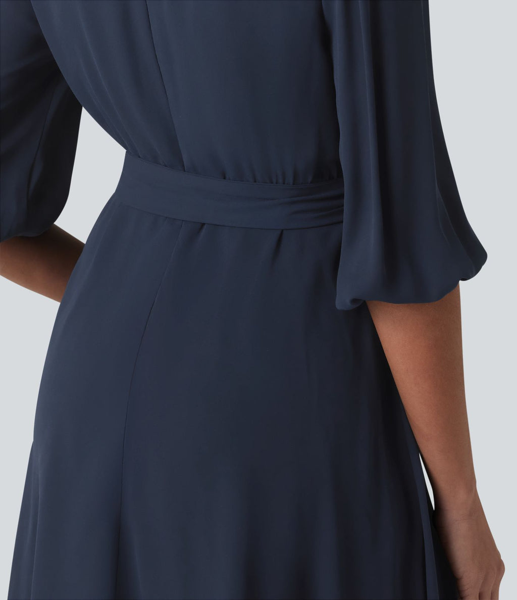 Robe courte casual col V à manches trois-quarts bouffantes, ceinturée