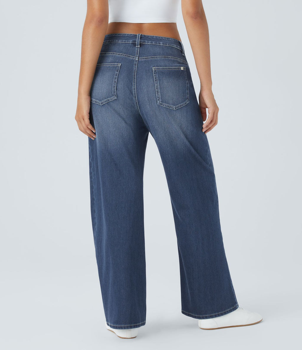 Jean Casual Halara Flex™ Taille Mi-Haute à Jambes Larges Tricot Extensible Lavé avec Poches Multiples