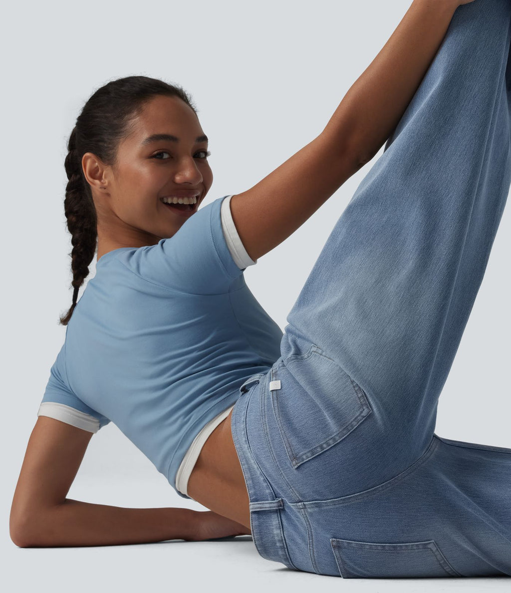 Halara Flex™ Jean Large Casual Taille Basse avec Boutons Zip Multiples Poches Lavés Élastiques et Tricotés