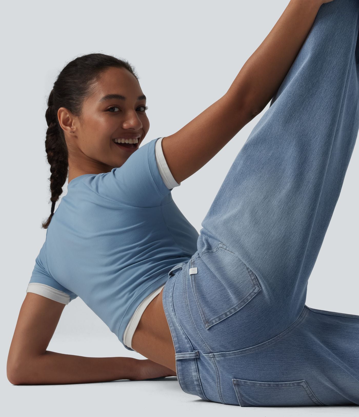Halara Flex™ Jean Large Casual Taille Basse avec Boutons Zip Multiples Poches Lavés Élastiques et Tricotés