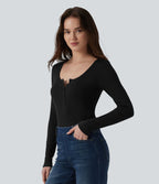 T-shirt casual ajusté manches longues col tunisien côtelé
