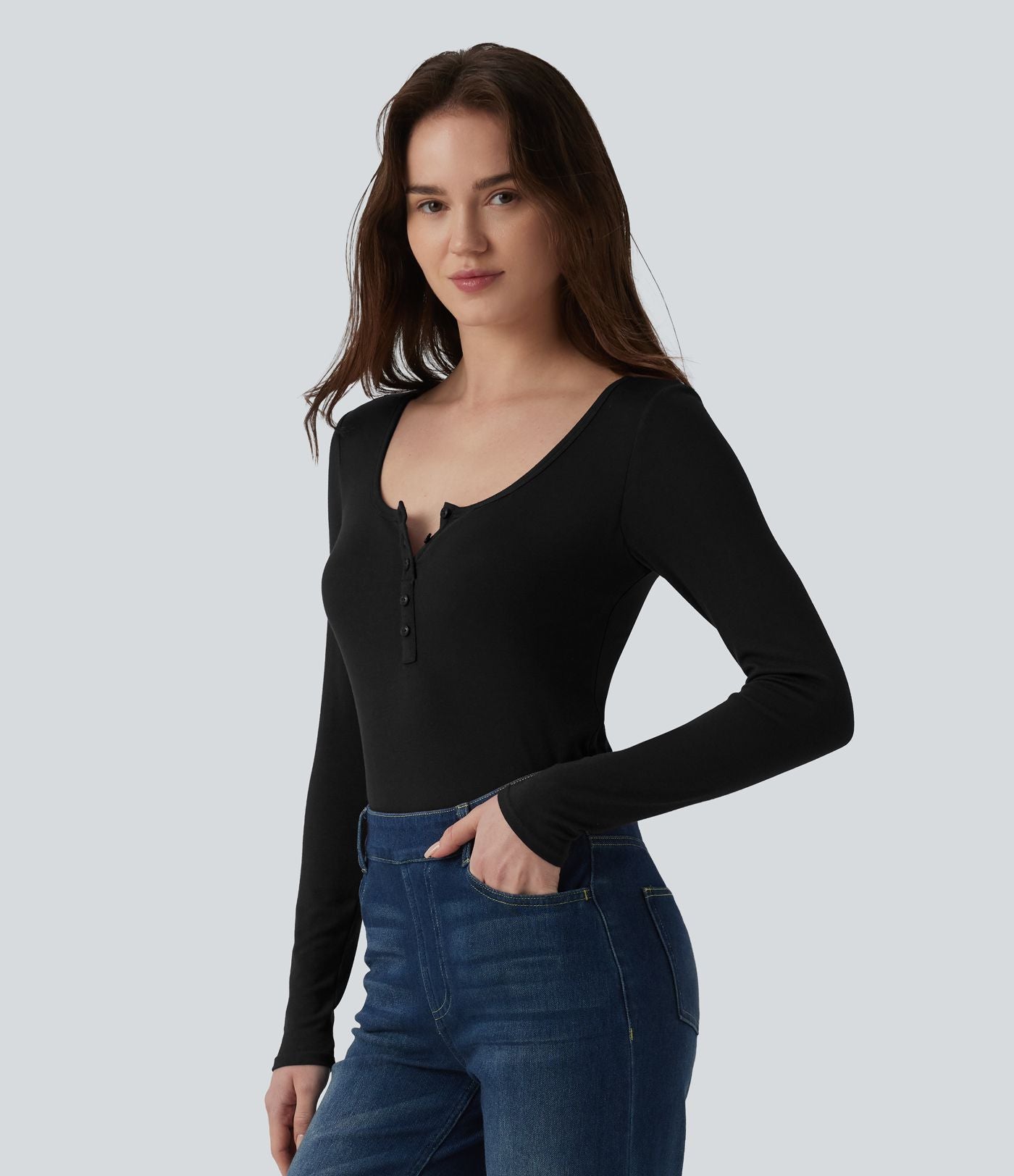 T-shirt casual ajusté manches longues col tunisien côtelé