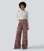 Pantalon large décontracté taille haute gaufré imprimé léopard avec poches