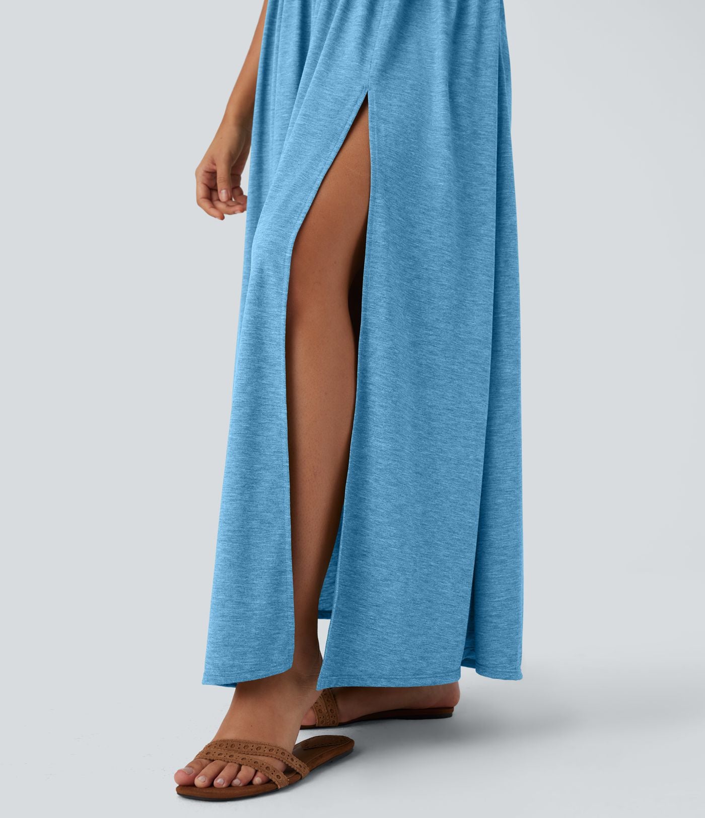 Robe longue fluide fendue avec poches latérales, dos nu et effet torsadé
