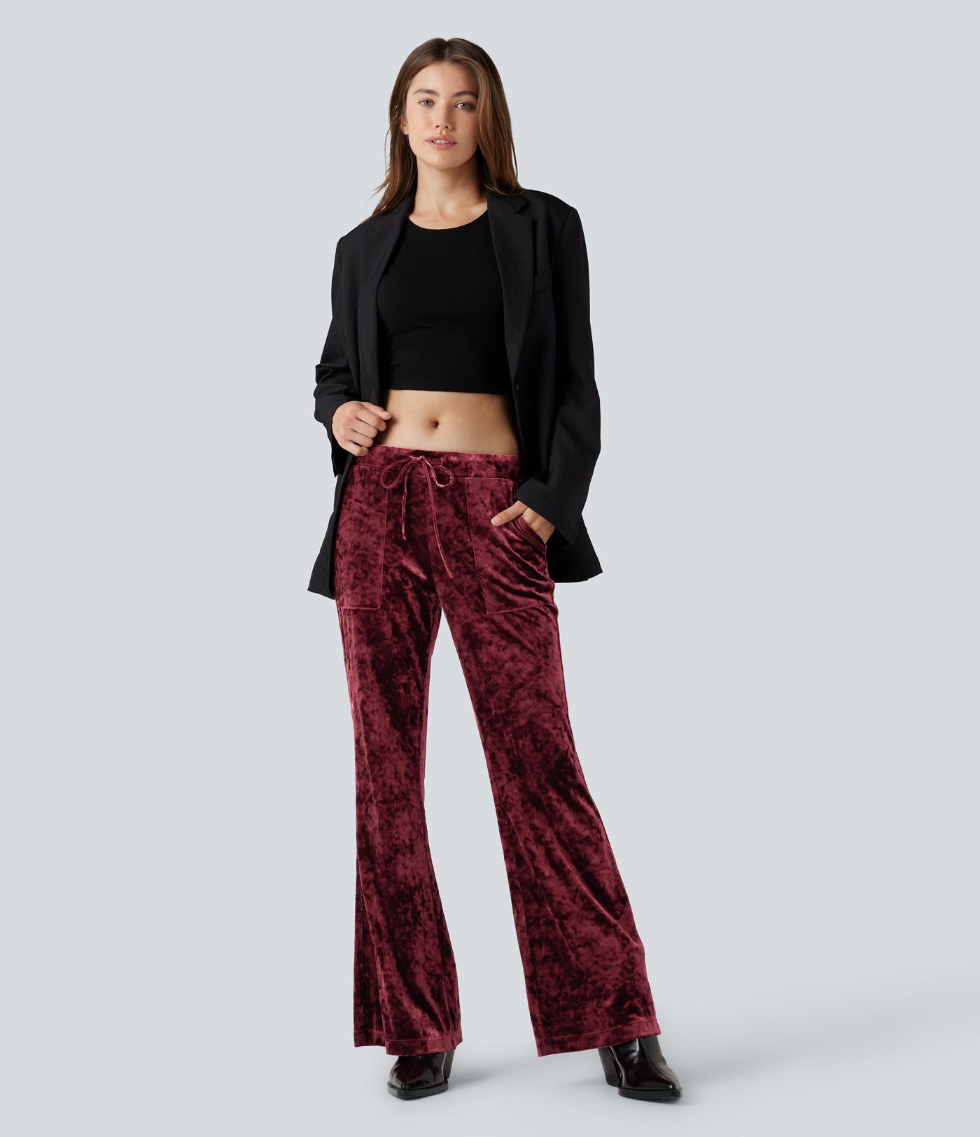 Pantalon évasé velours taille basse avec cordon de serrage et poches