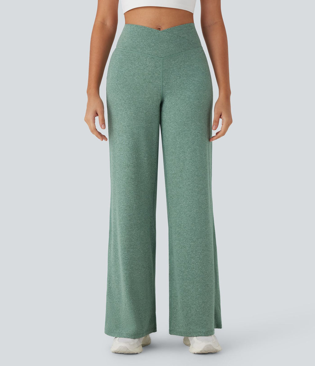 Pantalon de yoga à jambe large avec taille haute croisée et poche arrière