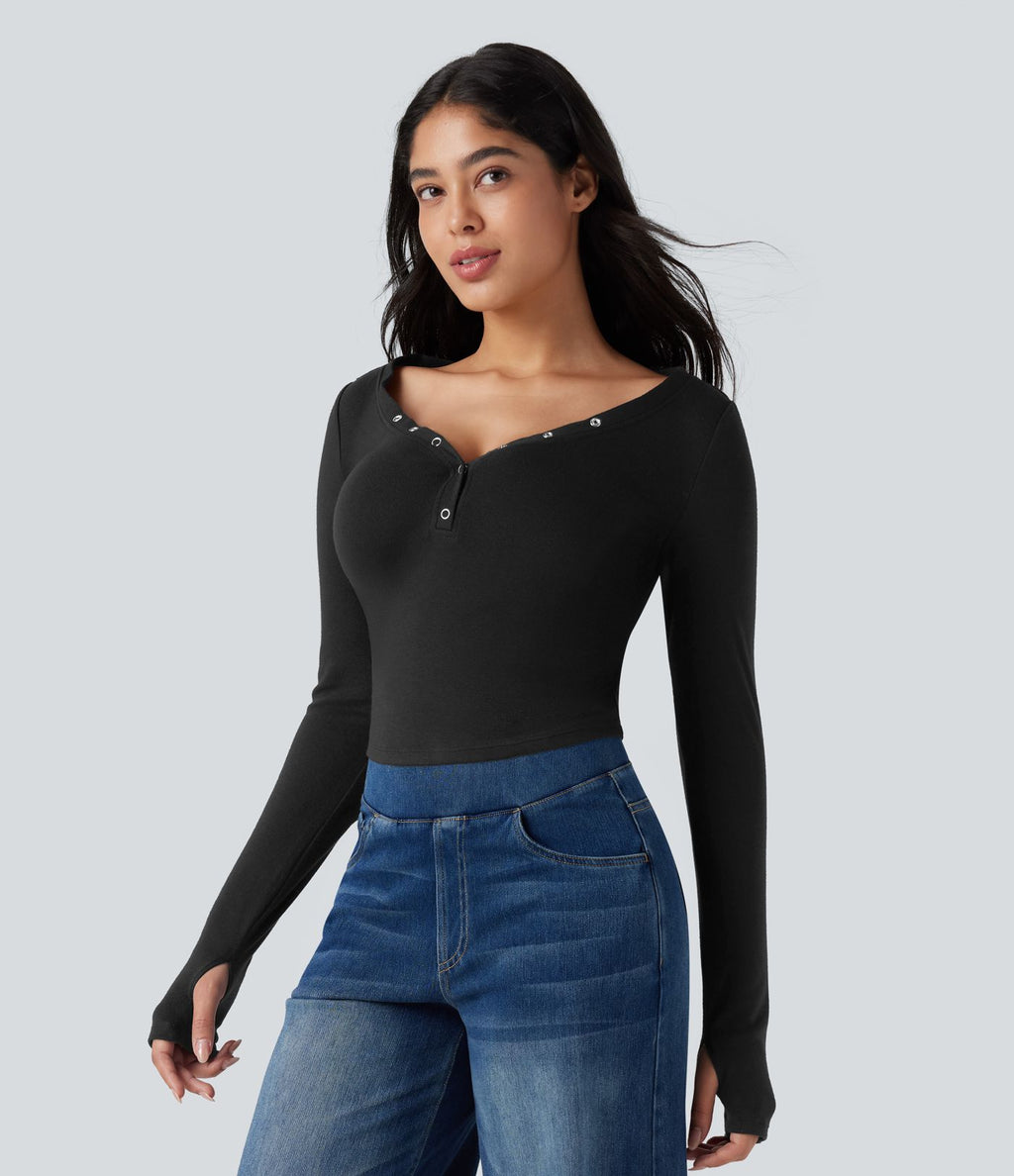T-shirt court col cœur manches longues avec trous pouces