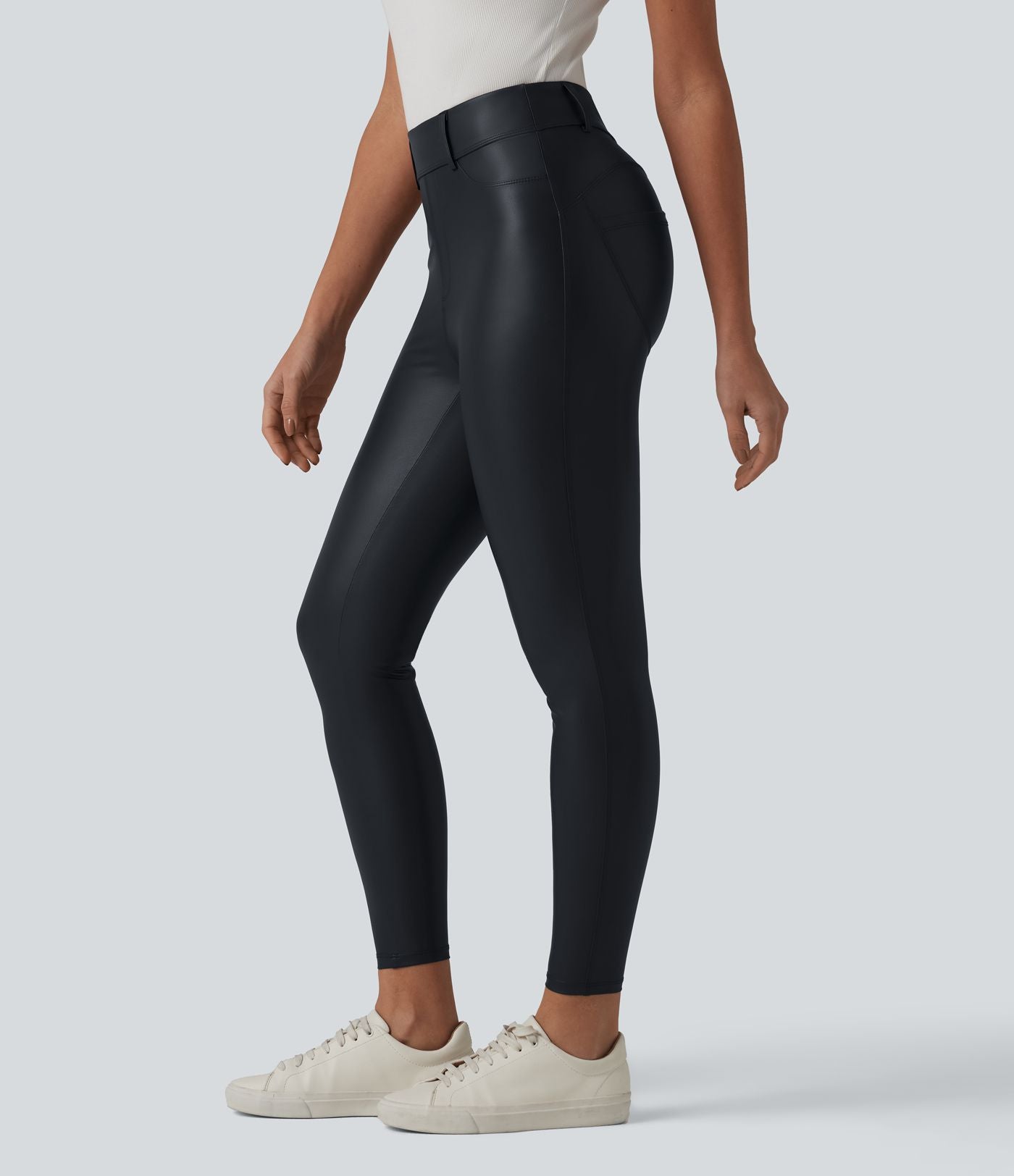 Legging 7/8 casual taille haute extensible en simili cuir avec poches