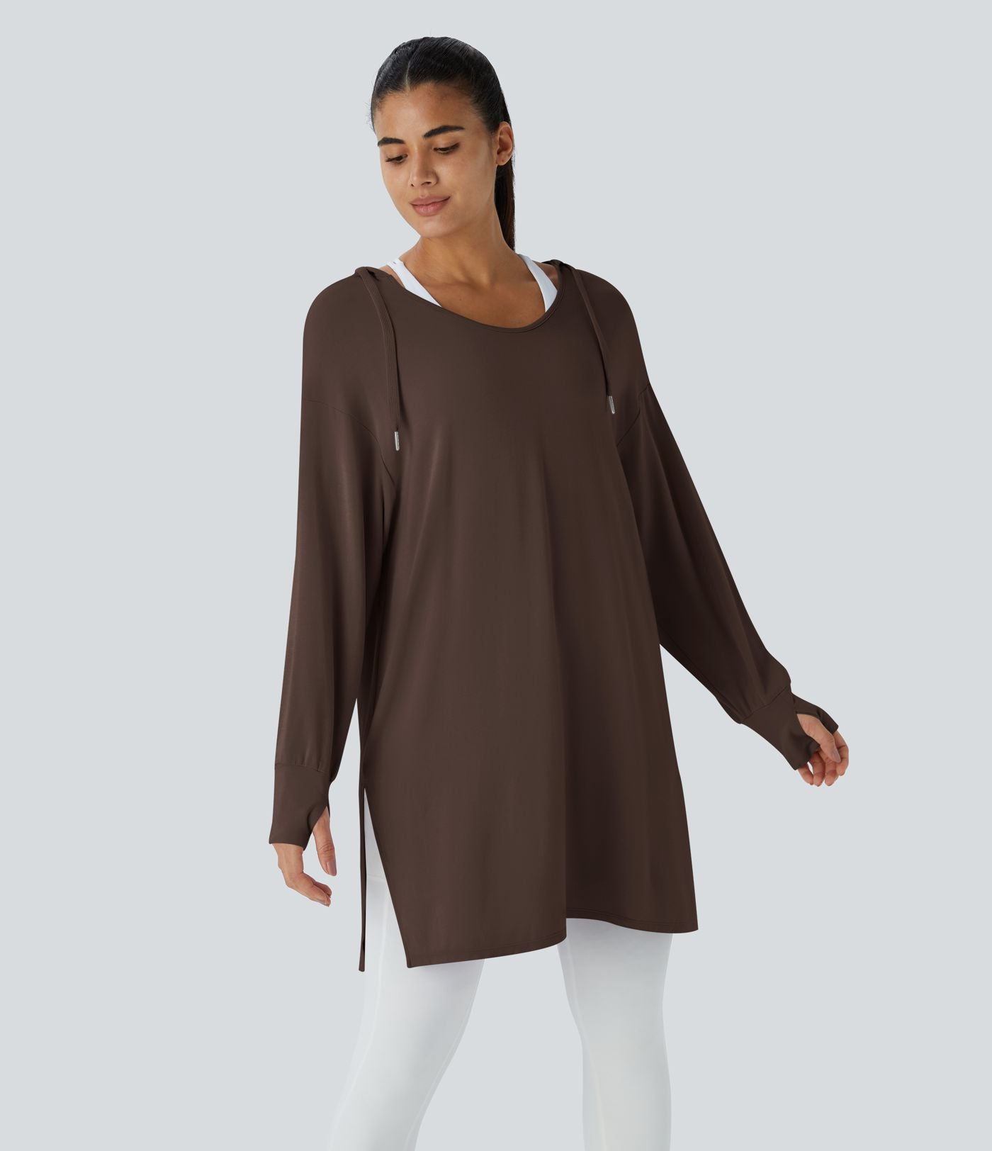 Sweatshirt Casual à Capuche Encolure en V Cordon de Serrage Trou pour le Pouce Fente et Coupe Longue