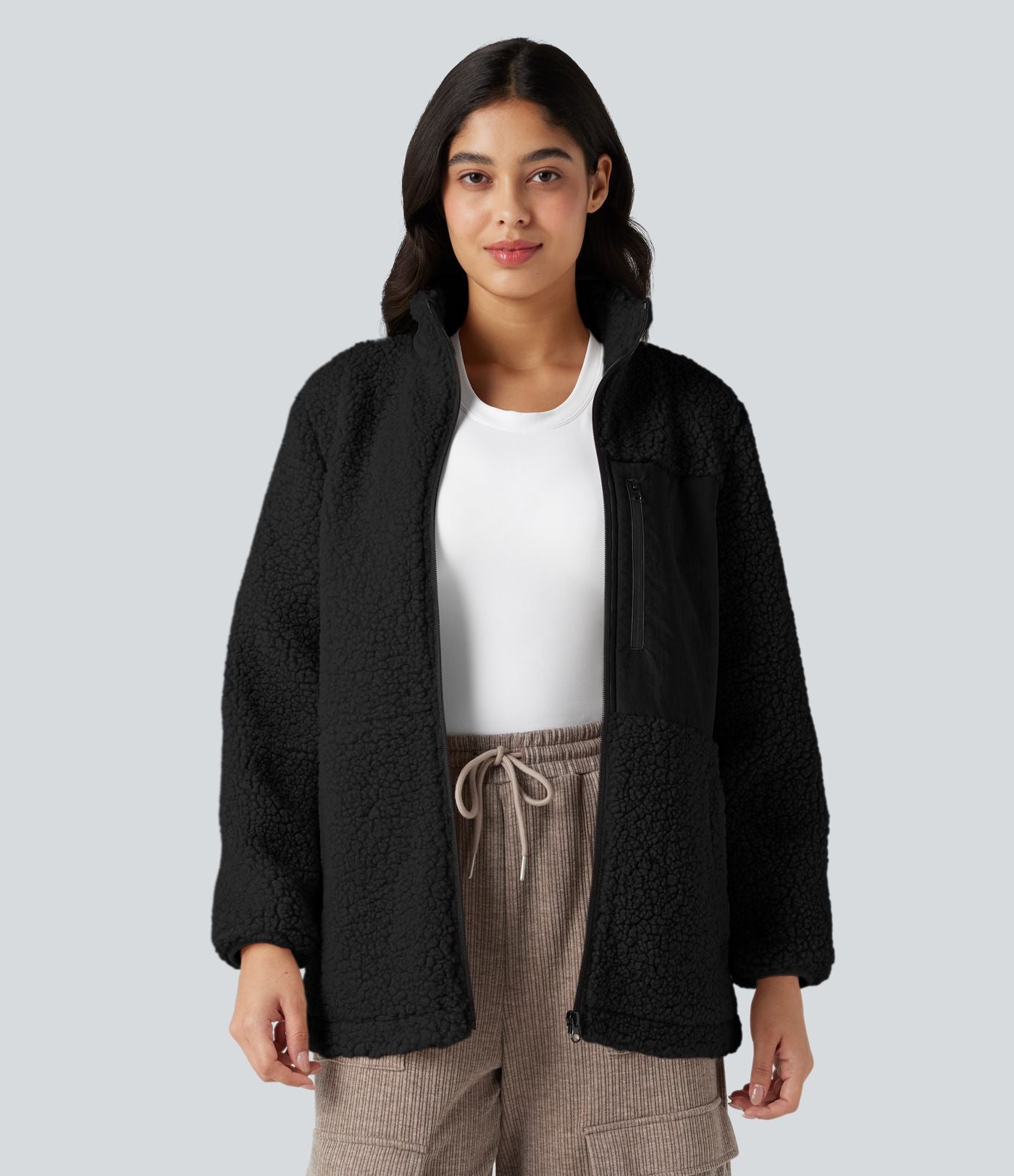 Veste teddy randonnée col montant décontractée avec fermeture éclair et poches