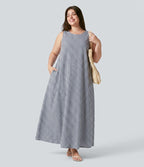 Robe débardeur midi sans manches col rond en vichy froissé grande taille à poches