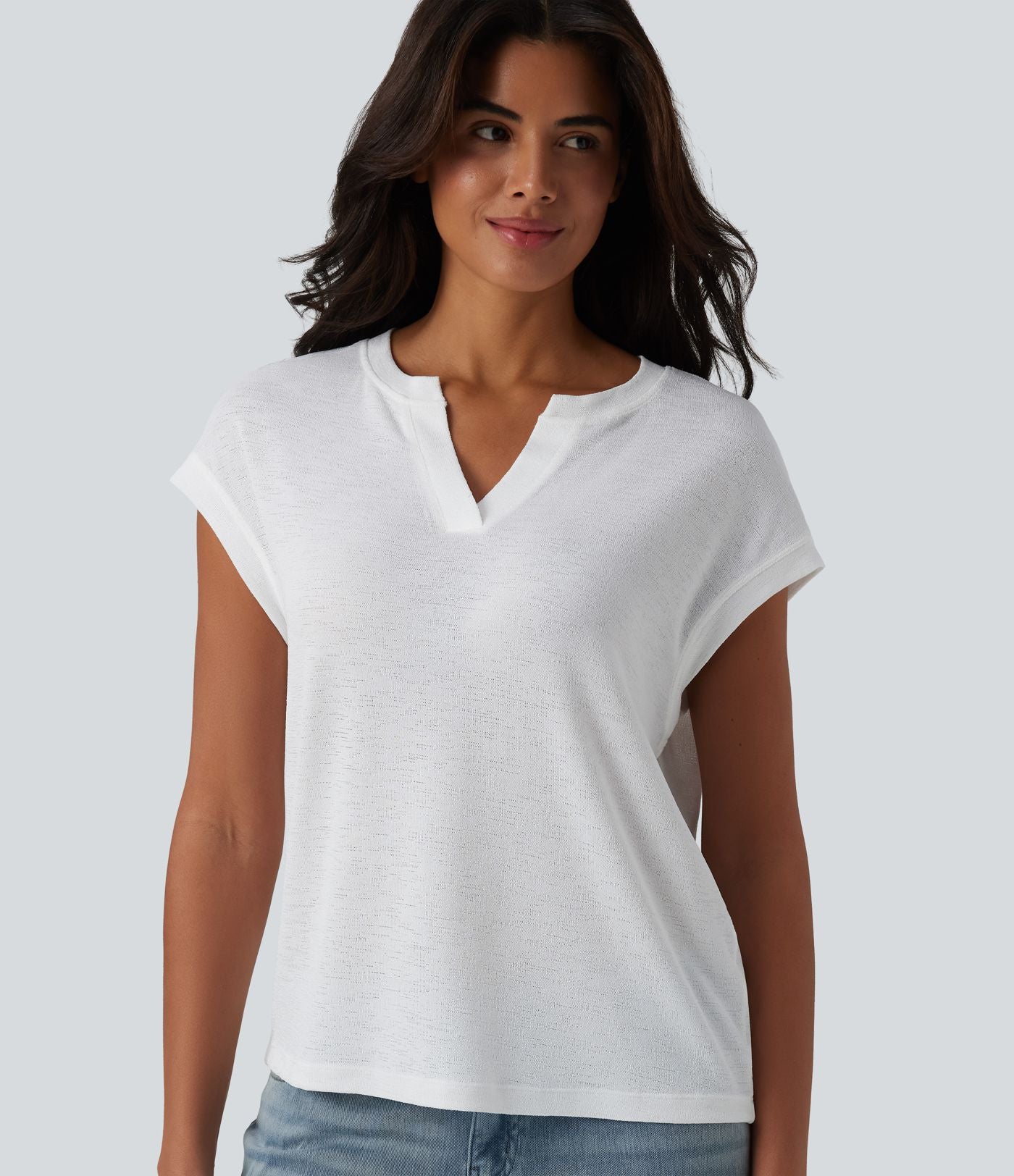 T-shirt décontracté semi-transparent col cranté manches courtes