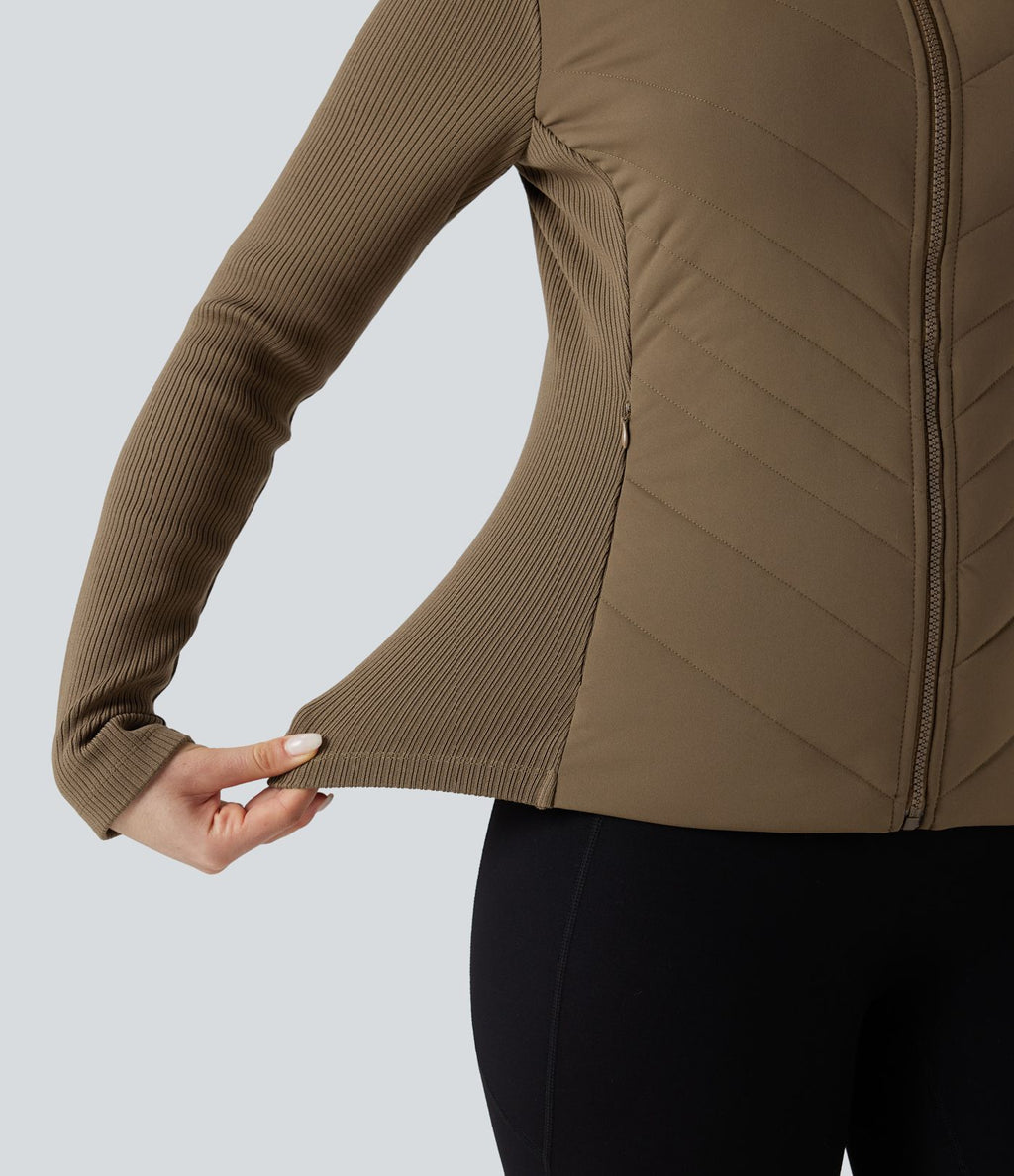 Veste matelassée décontractée à col montant et coupe ajustée, côtelée et contrastée, avec poches
