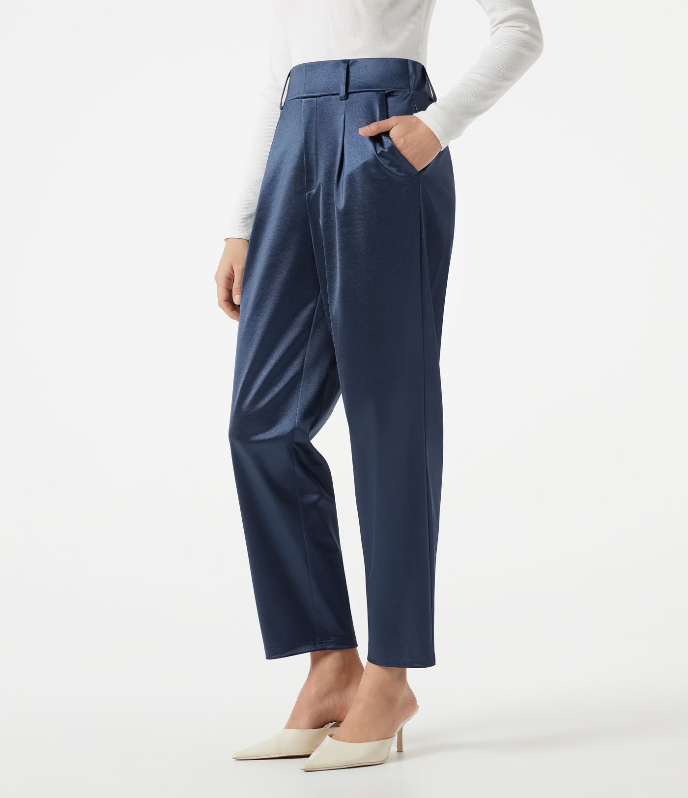 Pantalon habillé fuselé taille haute en satin avec poches