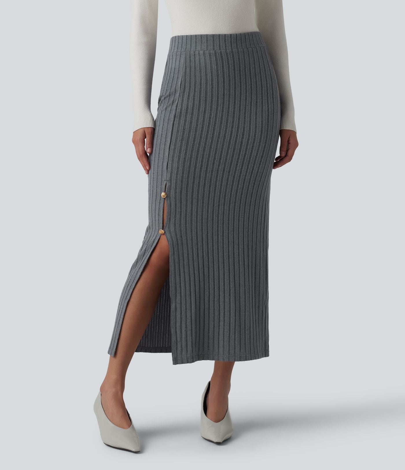 Jupe midi de bureau taille haute en maille côtelée