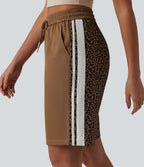 Short ample décontracté à taille mi-haute, cordon de serrage, rayures contrastées léopard, 25 cm, avec poches