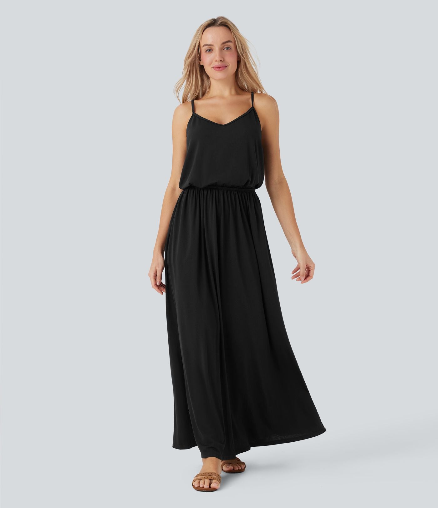 Robe longue fluide type nuisette à bretelles ajustables avec poches