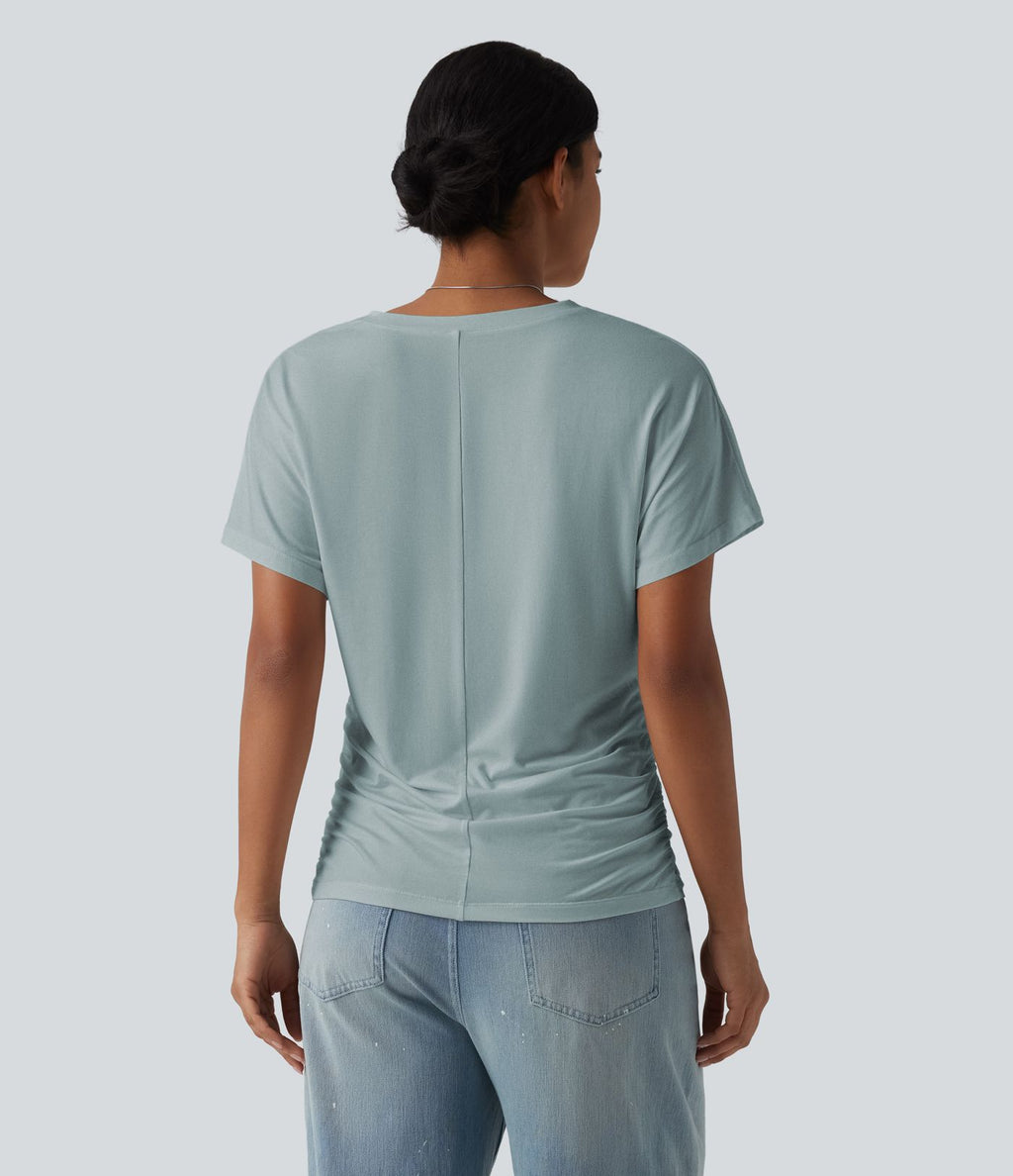 T-shirt décontracté uni à manches courtes, col V et fronces