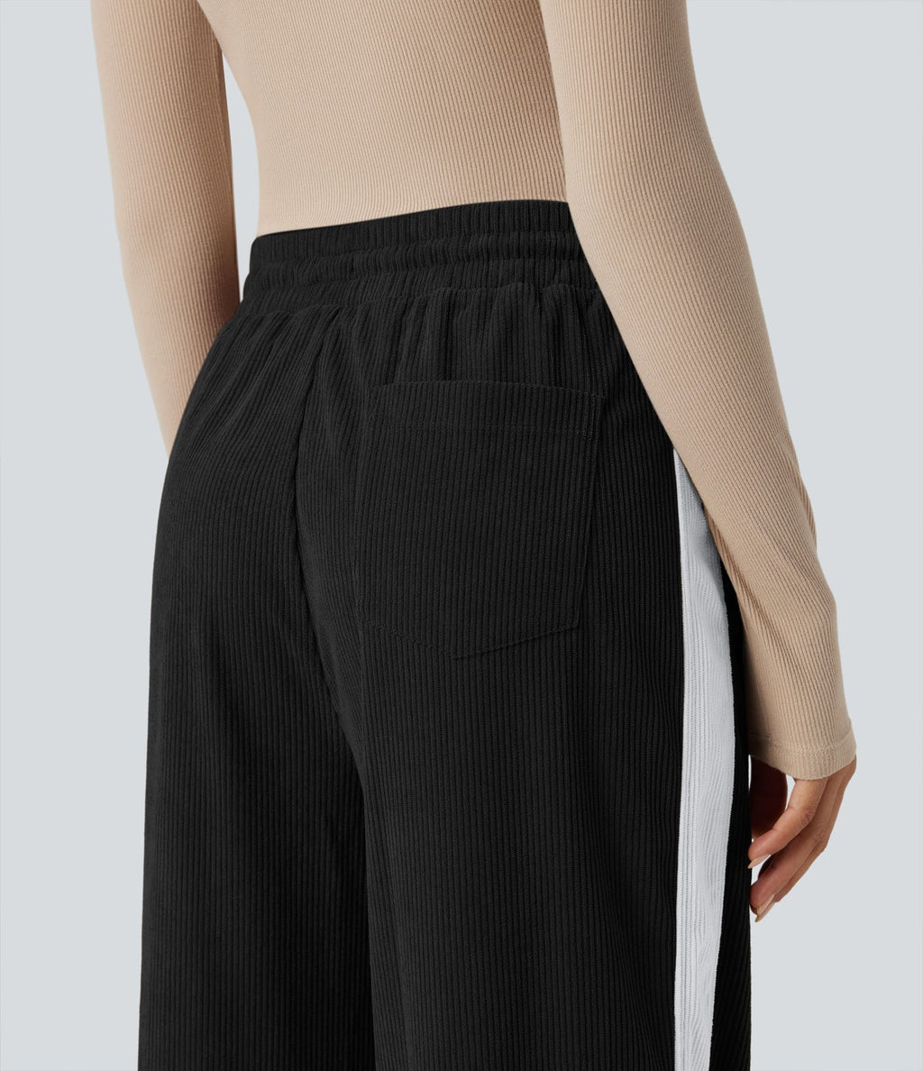 Pantalon jogging décontracté droit colorblock en velours côtelé, taille haute, avec cordon et poches