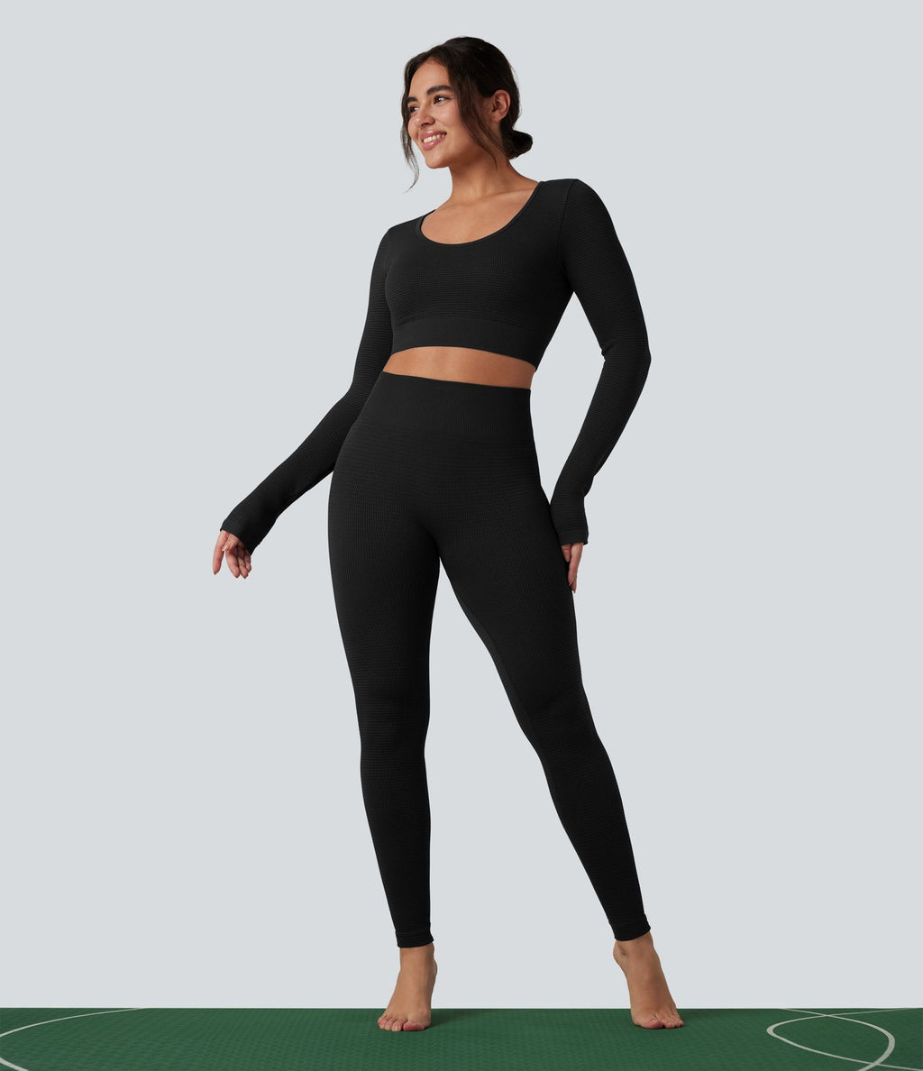 Haut de sport yoga court en maille gaufrée à manches longues sans couture OneForm Seamless Flow