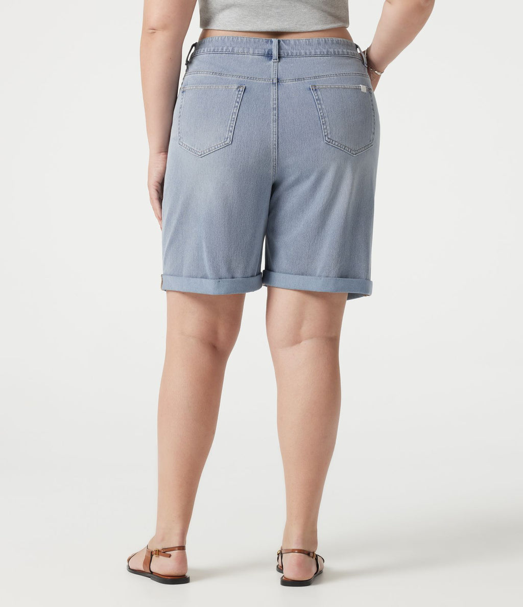 Short bermuda casual denim grande taille Halara Flex™ tricot extensible délavé taille haute multiples poches ourlet roulotté