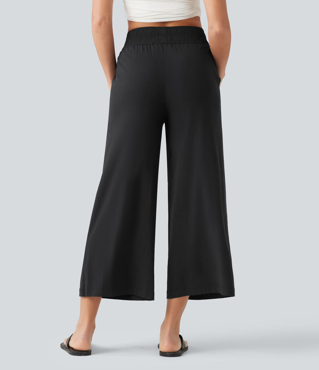 Pantalon large fluide 7/8 taille mi-haute en lin extensible avec poches