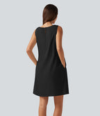 Robe mini sans manches en coton et lin à col rond avec poches