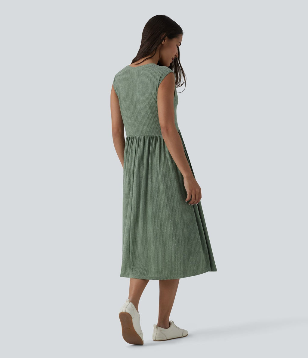 Robe midi fluide décontractée maille côtelée mélange lin col rond sans manches