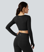 Haut de sport yoga court à manches longues avec passants pouces et découpes sans couture OneForm Seamless Flow