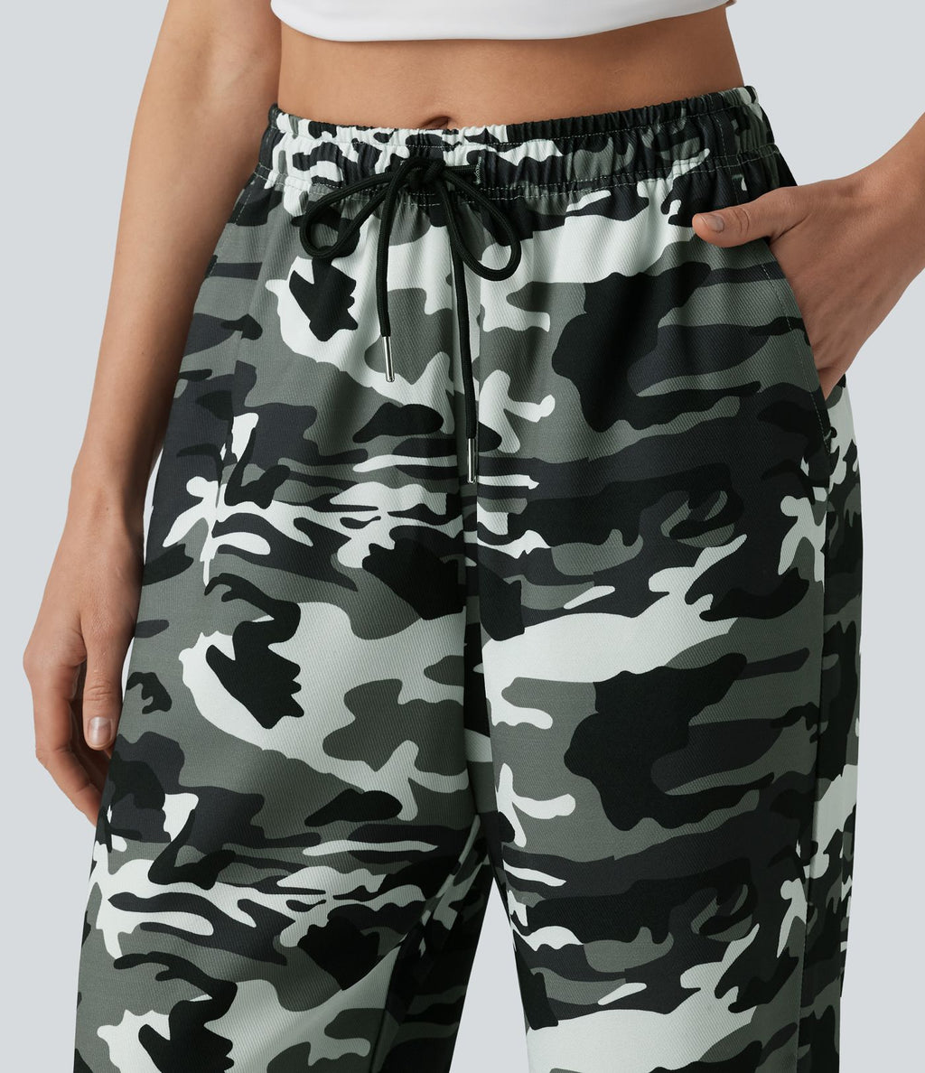 Pantalon cargo large décontracté camouflage taille mi-haute avec cordon de serrage et poches