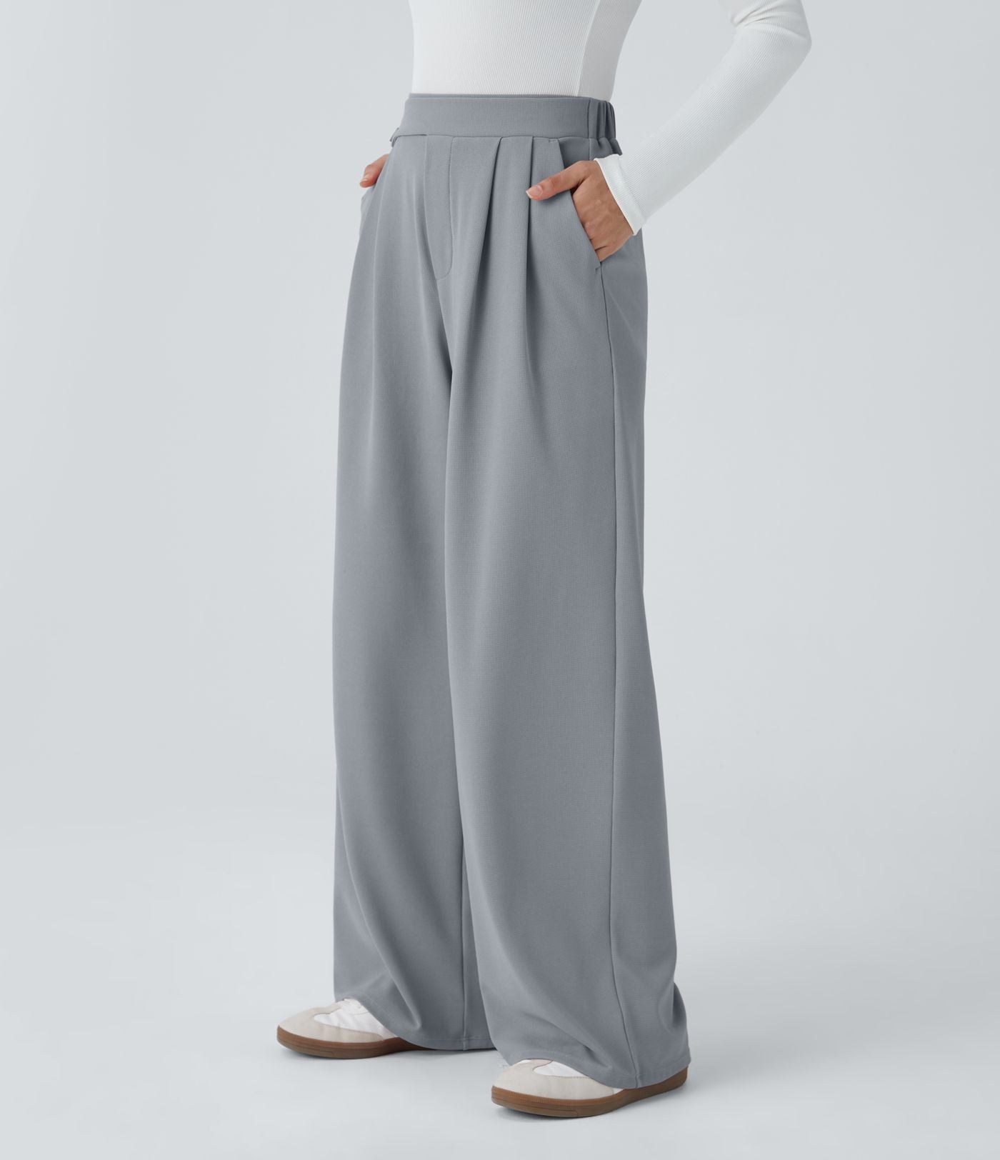 Pantalon taille haute décontracté large en maille gaufrée, avec poches