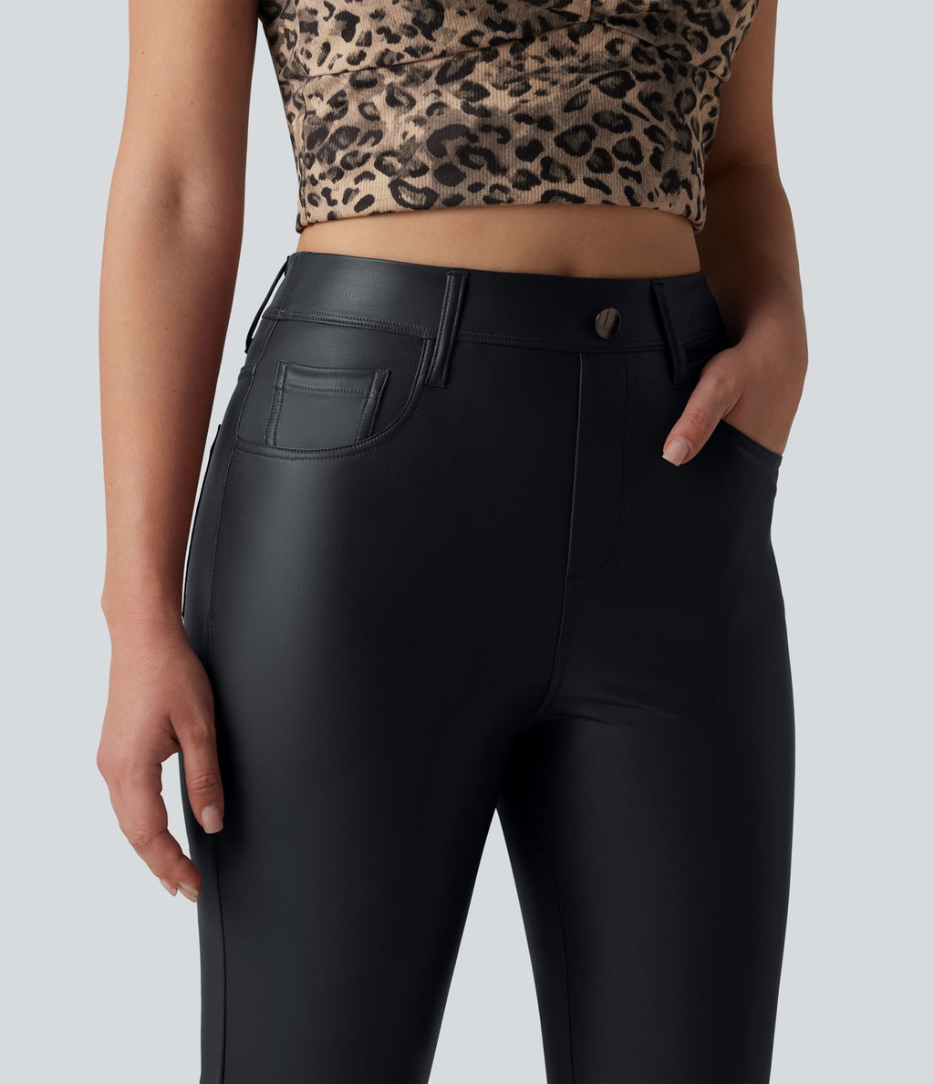 Pantalon casual bootcut taille haute en PU extensible avec poches