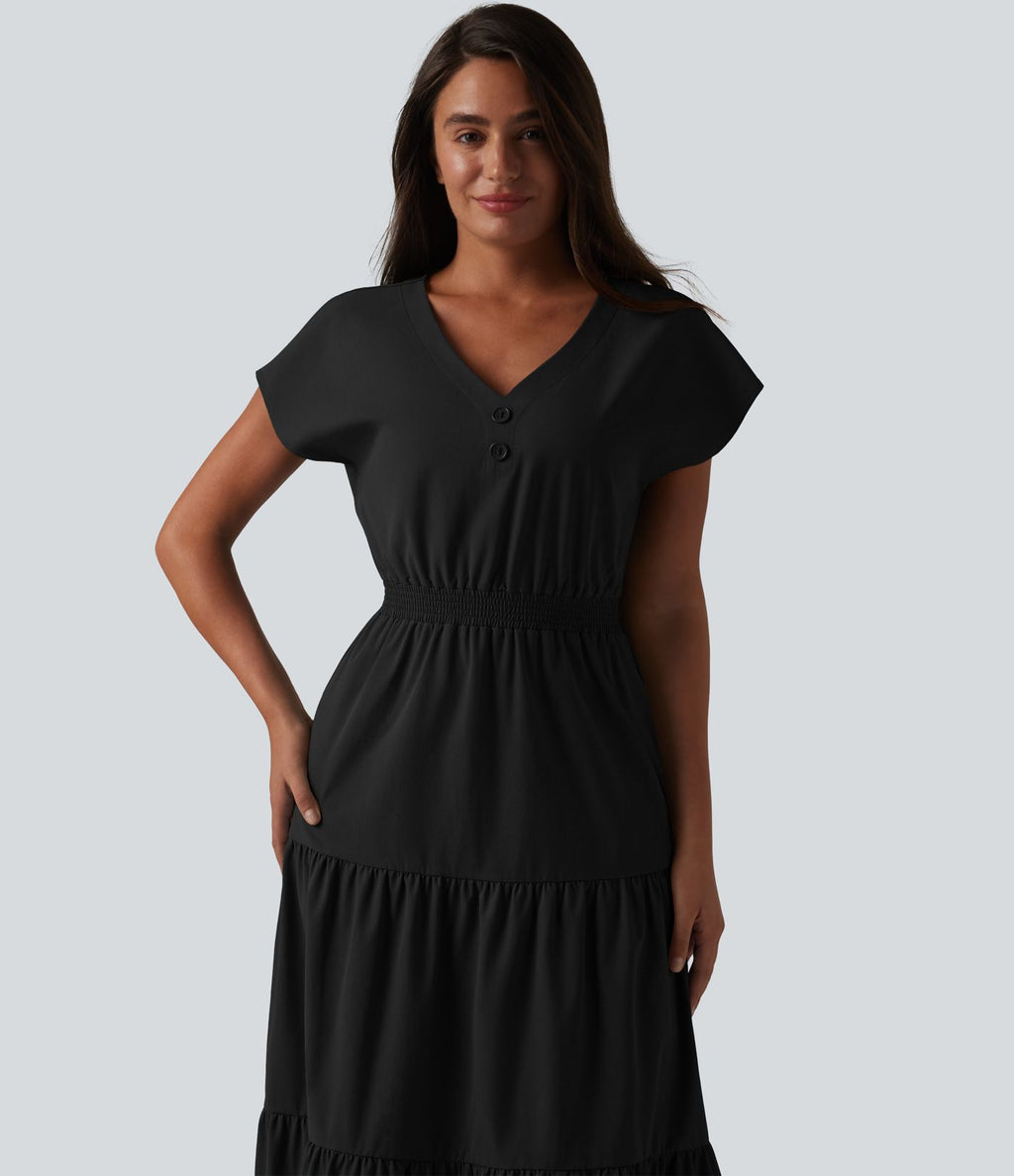 Robe midi décontractée en popeline stretch à manches courtes et col en V