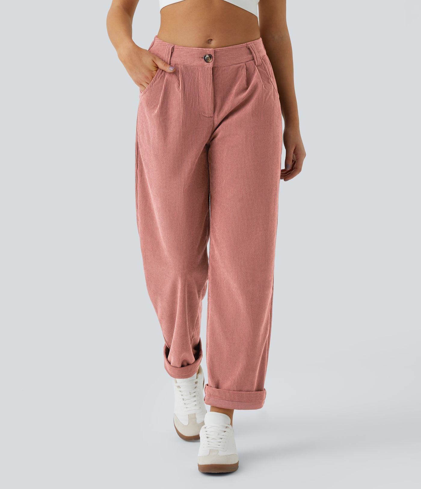 Pantalon en velours côtelé décontracté taille moyenne avec poches latérales