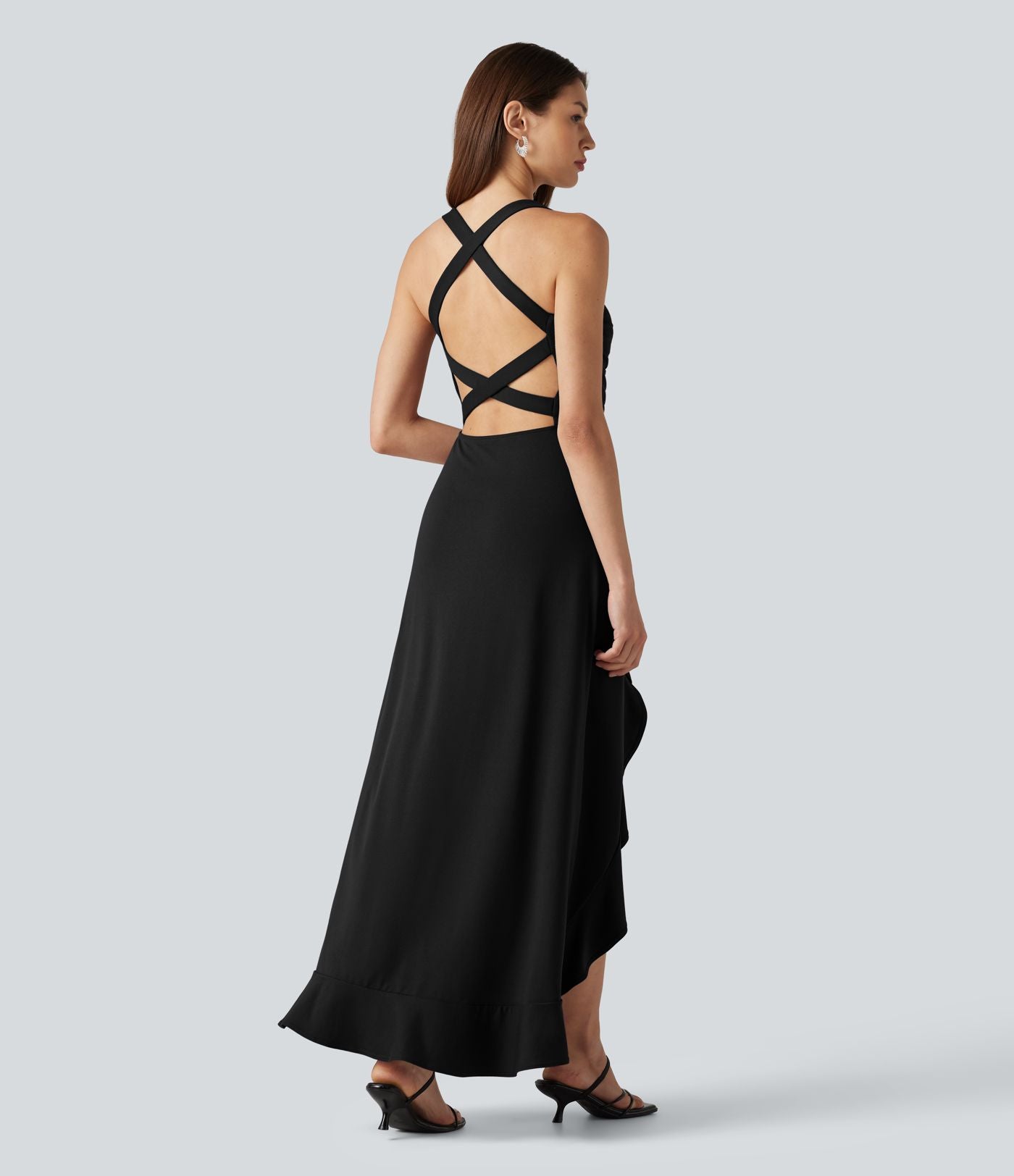 Robe mi-longue fluide de soirée dos nu croisé avec fente, ourlet à volants et soutien-gorge intégré