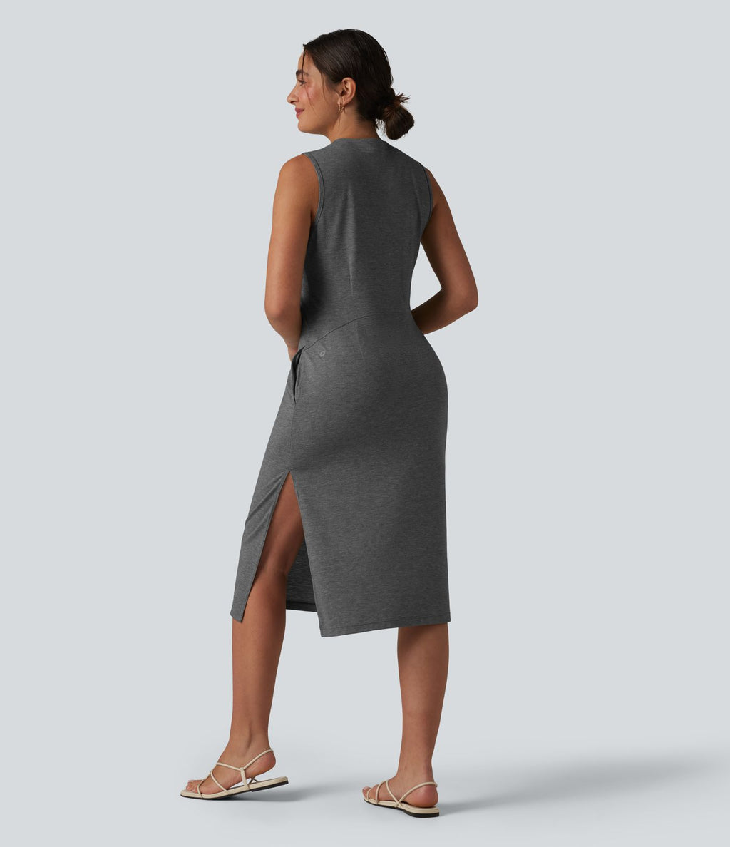 Robe midi décontractée sans manches col tunisien avec poches