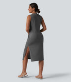 Robe midi décontractée sans manches col tunisien avec poches