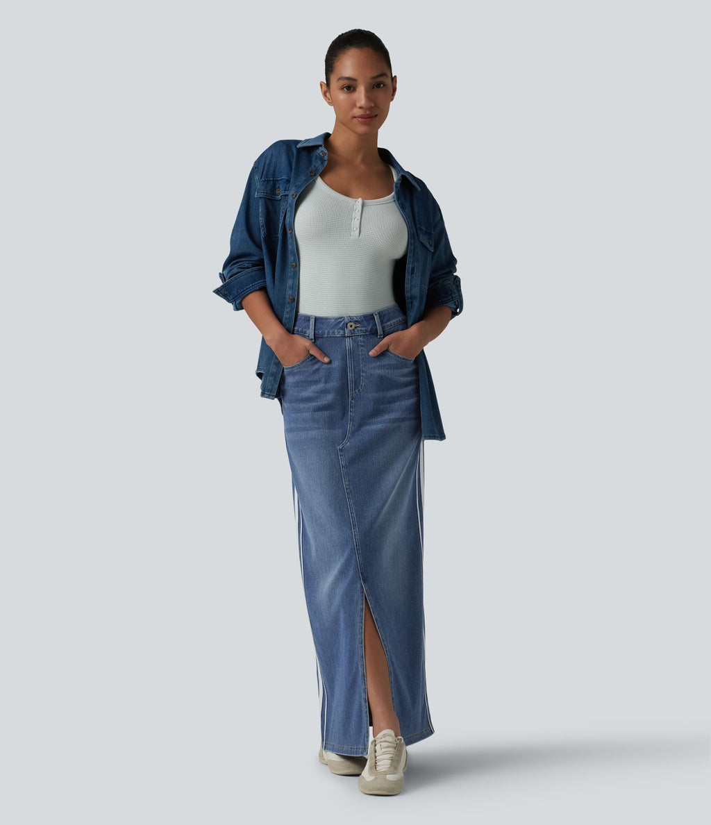Jupe en jean longue décontractée délavée à rayures taille haute Halara Flex™ avec poches