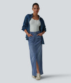 Jupe en jean longue décontractée délavée à rayures taille haute Halara Flex™ avec poches
