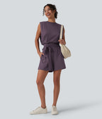 Combishort décontracté col rond sans manches effet frais InstantCool avec nœud frontal et poches, accès facile Easy Peasy, protection solaire UPF50+