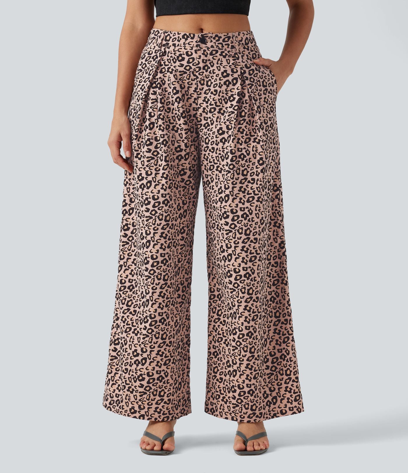 Pantalon large décontracté imprimé léopard taille mi-haute avec poches