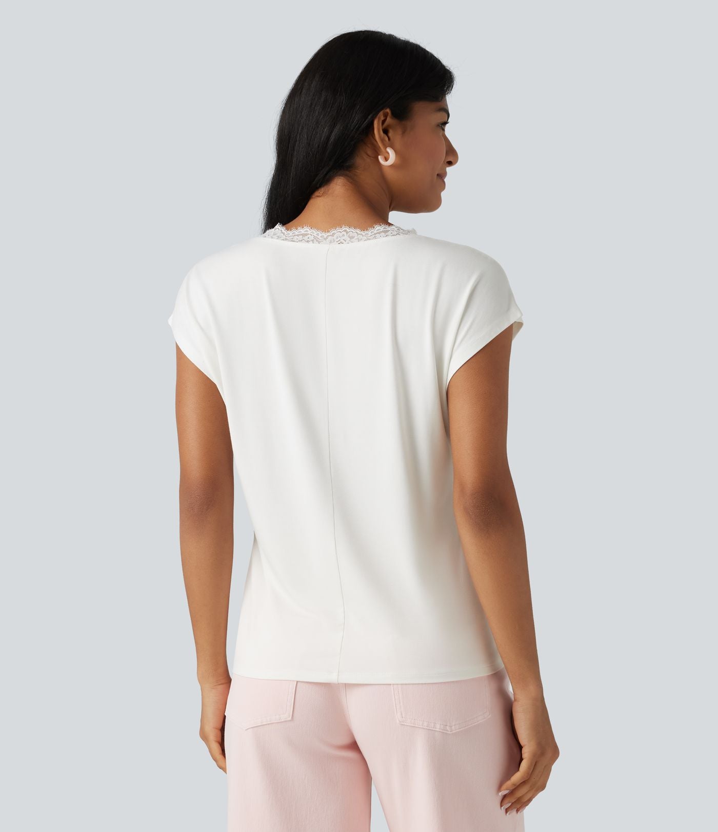 T-shirt décontracté en dentelle col V manches courtes