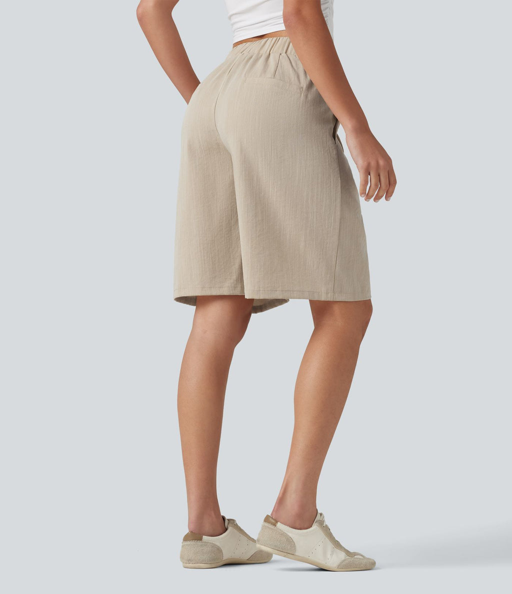Short tailleur bermuda aspect lin taille mi-haute asymétrique 25 cm avec poches
