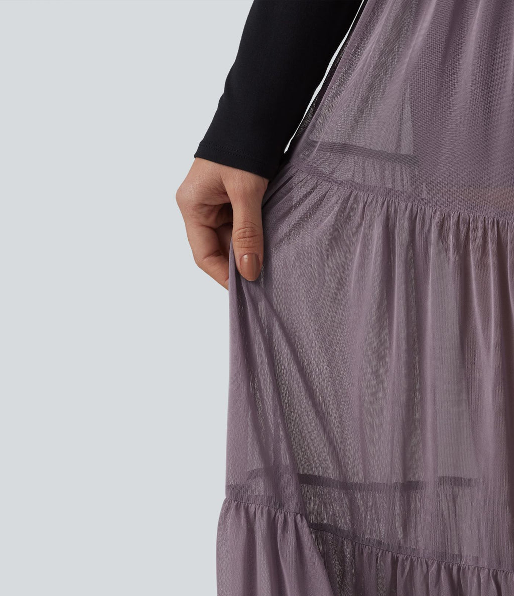 Jupe midi fluide casual à volants étagés taille haute croisée 2 en 1 respirante en maille avec poches