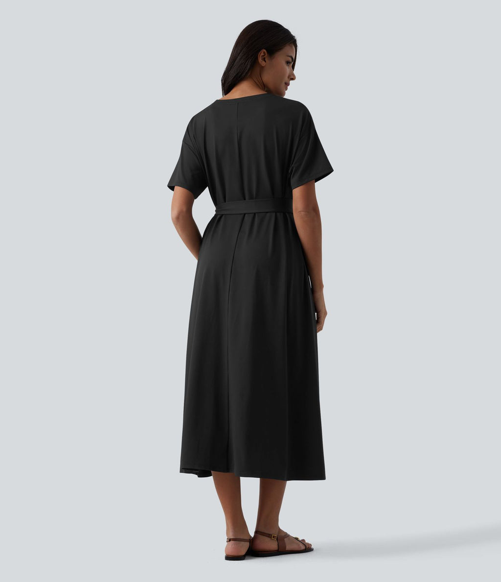 Robe T-shirt casual midi fluide col rond manches courtes avec ceinture et poches